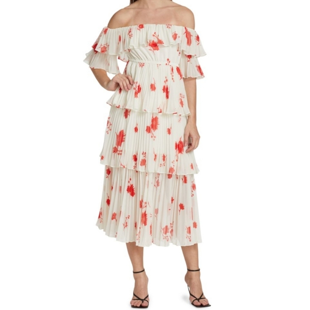 SELF-PORTRAIT Chiffon Off Shoulder Tiered Wild Daisy Print Midi-Dress Size Med